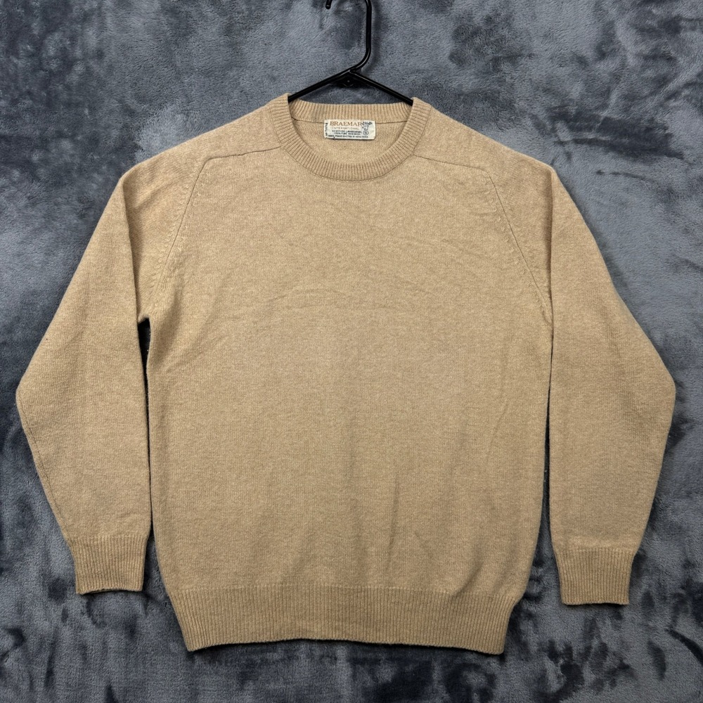 Braemar Sweater Mens Small Tan Scottish Lambswool Crew Neck Raglan Vintage